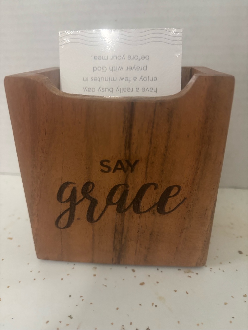 Wood Card Holder with "Say Grace" Script - Warm Brown